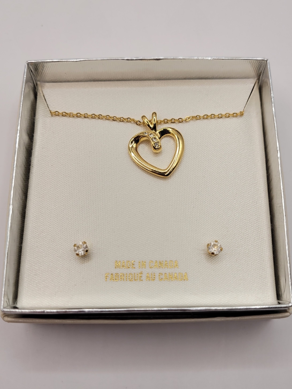 Gold Heart Pendant Necklace and Stud Earrings Set - Women's Jewelry